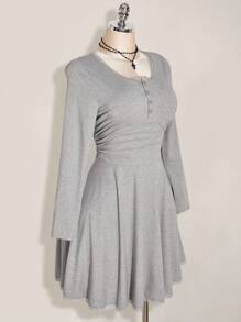 SHEIN ICON Casual All-Match Gray Lace Patchwork Slim Short-Sleeved A-Line Waist Pleated Slim Dress, Back To School Outfit, Y2k, College Style Grey Dress Women Casual Dress Collared Dress Lace Trim Dress Long Sleeve Dress - Grey - View 7