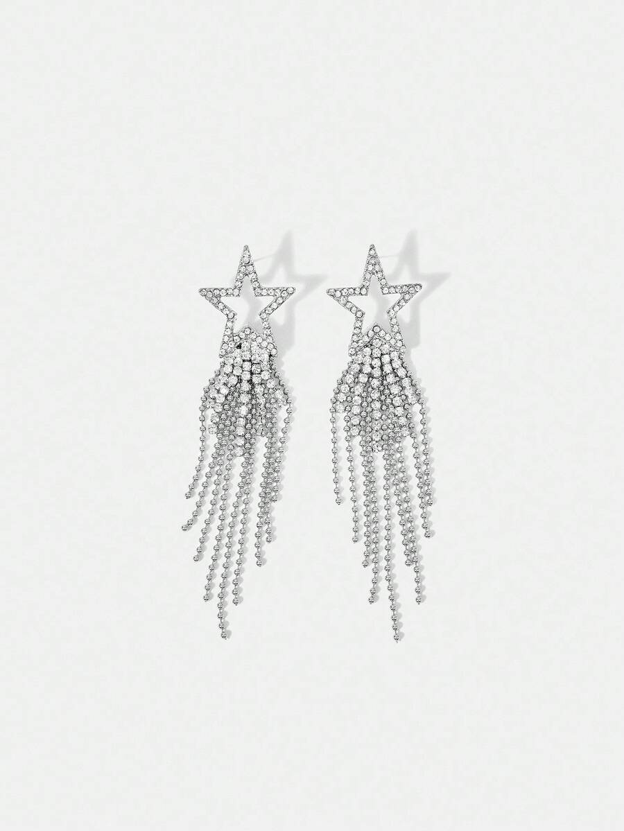 SHEIN BAE 时尚优雅的镂空星形流苏耳环 - 銀色 - 查看 1