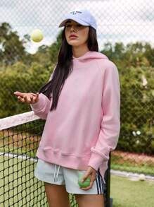 Menodora SHEIN Sport Women's Casual Plain Color Pink Hoodie, Versatile,Back To School,Autumn,Cotton Tops - Pink - View 10