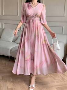 DAZY Abito elegante casual con maniche a campana, scollo a V con strass, vita con laccio incrociato, stampa floreale ditsy, adatto per matrimoni/feste, abiti estivi da donna di media lunghezza - Rosa - Visualizzare 14