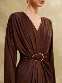 Revavyn Revavyn Women's Elegant Coffee Brown Autumn V-Neck Ruched Metal Button Waist Cinched Long Sleeve Maxi Dress,Urban Chic Brunch Outfits Maillard Style Clothes - Brown - View 2