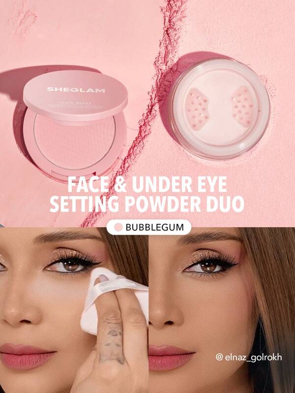 SHEGLAM Insta-Ready Face & Under Eye Setting Powder Duo-Bubblegum 2 In 1 Pink Brightening Oil Control Loose Setting Powder  Matte Pore-Less Waterproof Long Lasting Pressed Powder Christmas Pink Powder Graduation Birthday Holiday Summer Fall Autumn Y2K Fancy Fashion Women Makeup Cosmetic Party Beach Travel Camping Outdoors School Campus Trip Festivals Decor Gift Present Rose Girl Cosplay Best Color Charm Vibe
