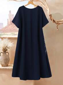 Rusticease 大码女式休闲腰果印花圆领宽松短袖连衣裙，度假风