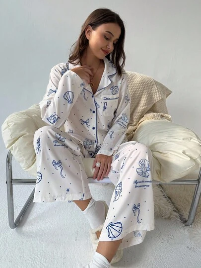 Aloruh 女式贝壳印花长袖纽扣上衣和休闲长裤两件套