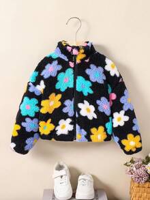 SHEIN 年轻女孩彩色花卉针织蓬松宽松休闲立领夹克，秋季 (10) 和冬季 (5)，颜色：黑色、蓝色、绿色、蓝色、红色、粉色 - 黑色 - 查看 2