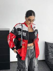 Flirla 复古街头户外立领字母印花机车夹克，女式春秋棒球外套 - 彩色 - 查看 4