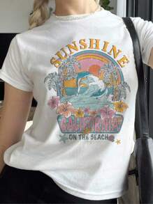 Attitoon 休闲海豚、棕榈树和波浪印花修身短袖白色女士 T 恤，非常适合夏季度假，阳光加州海滩