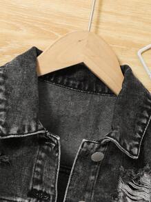 SHEIN Tween Girls Spring Summer Beach Boho Vacation White Washed Ripped Denim Jeans Jacket Top,Girls Summer Concert Rave Festival Streetwear Outfits Girls Jean Jacket Cropped Jean Jacket Girls Distressed Denim Jacket Fall Winter - Black - View 3
