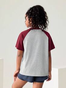 Tween Girls Clothes Back To School,Light Grey Summer Casual School T-Shirt,Children Round Neck Patchwork Contrast Color Funny Letter Graphic Print - Grey - View 2