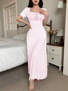 SHEIN Váy ngủ nữ màu tương phản nơ thanh lịch - Màu Hồng baby - Xem 5