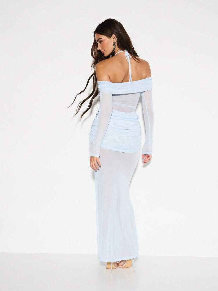 KIZN Off Shoulder Maxi Dress With Ruched Detailing And Mesh Sleeves