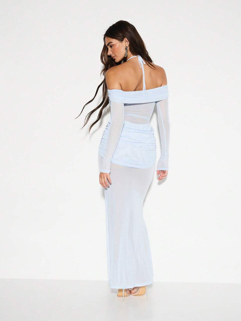 Sheer Long Sleeve Evening Maxi Dress Off Shoulder Halter Cut Out Design Floor Length Ruched Waist Elegant Draped Wedding Guest Formal Gown
