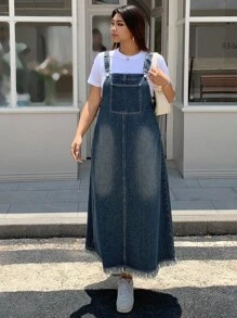 Dazy Plus Dark Wash Distressed Denim Pinafore Maxi A-Line Dress, All Season