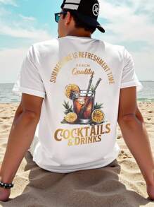 Manfinity Homme 夏日必备！男士休闲白色T恤，印有“夏日清凉时光”字样和时尚鸡尾酒图案，散发轻松自由的气息。助您轻松享受舒适时光，休闲时尚又不失文艺范儿，也是送给男朋友或老公的理想礼物。