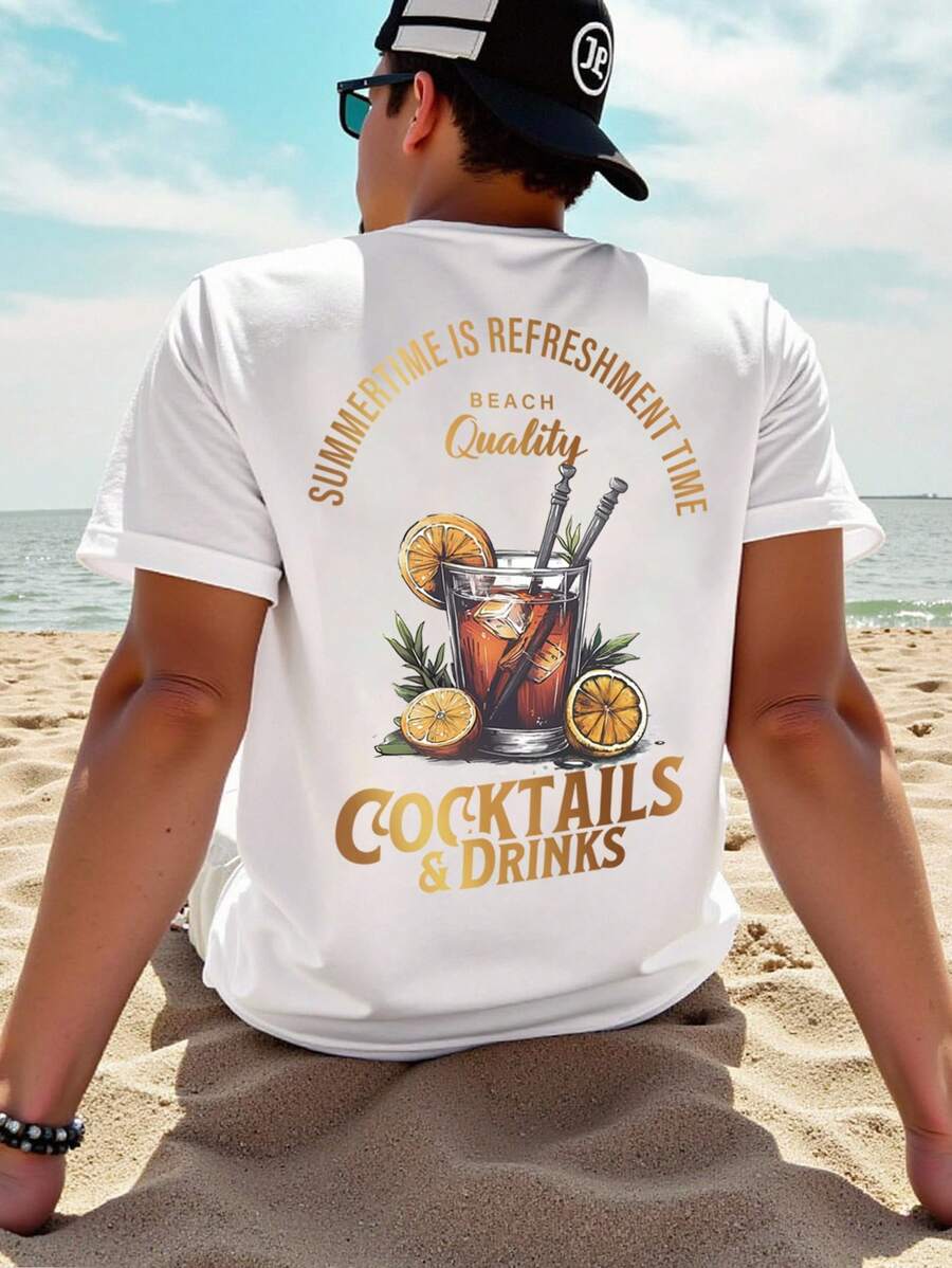 Manfinity Homme 夏日必备！男士休闲白色T恤，印有“夏日清凉时光”字样和时尚鸡尾酒图案，散发轻松自由的气息。助您轻松享受舒适时光，休闲时尚又不失文艺范儿，也是送给男朋友或老公的理想礼物。