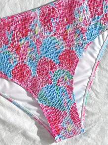 Swim Mod Conjunto de traje de baño de verano para mujer talla grande con top tipo bralette con estampado de concha colorido y con tirantes extraíbles, combinado con la Bottom triangular regular a juego