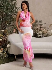 MaterniChic Pregnant Women Elegant Floral Print Backless Halter Midi Dress  Fall Women Clothes Baby Shower Modest Dresses For Women Party Outfit