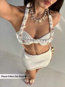 Aloruh 女士春夏海滩度假性感吊带露背珍珠贝壳海星装饰文胸吊带针织比基尼上衣和超低腰紧身迷你裙两件套秋冬女士性感服装