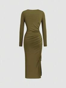 Celisse 女式夏季针织弹力修身长袖二合一 U 领装饰纽扣抽绳腰部褶皱开叉拼接设计优雅休闲长裙