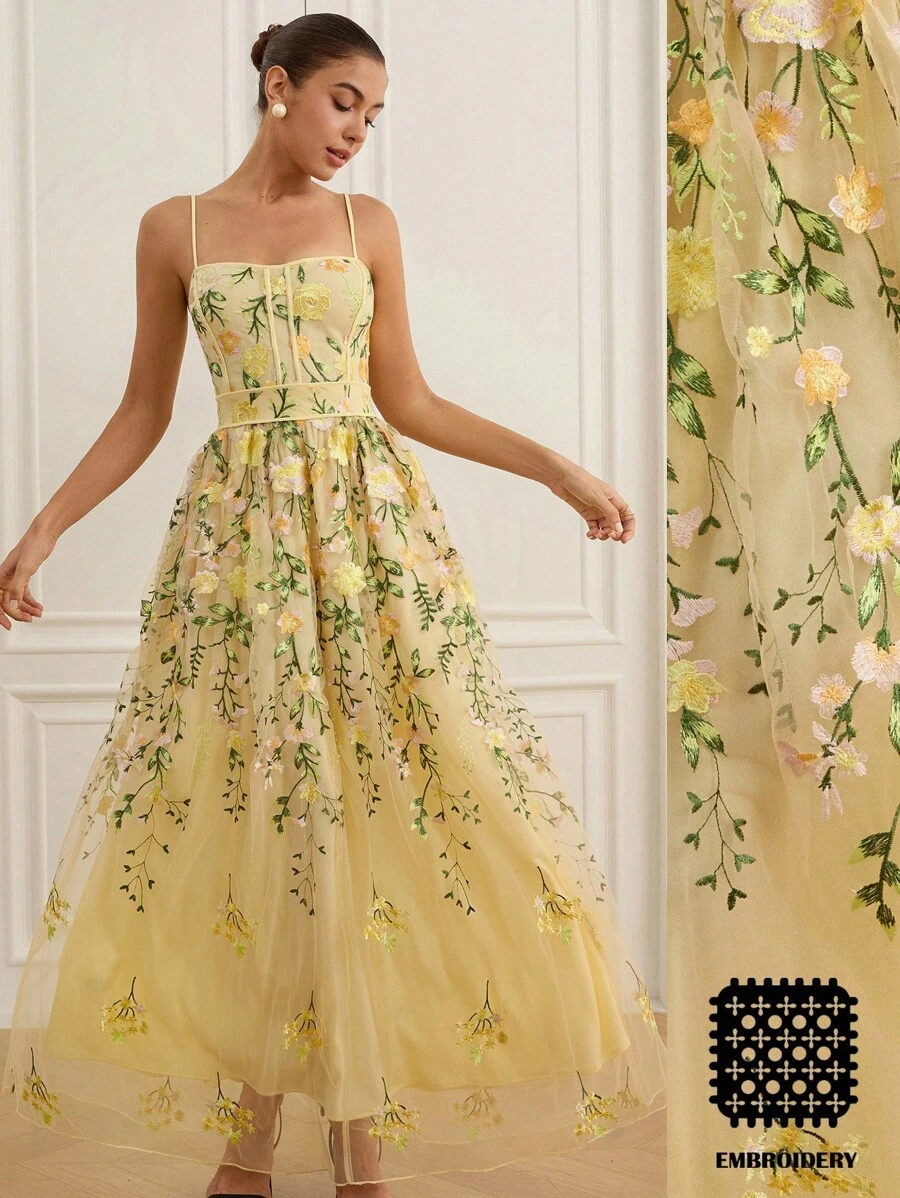 Chiquease 优雅法式浪漫约会奢华高端设计精致刺绣拼接收腰修身蓬蓬连衣裙女 - 黃色 - 查看 1