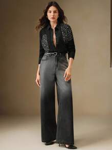 Anewsta Vintage Embellished Rhinestone & Pearl Decorated Denim Blouse For Women, Suitable For Spring, Holiday, Casual, Festival, Vacation, Elegant - Black - View 6