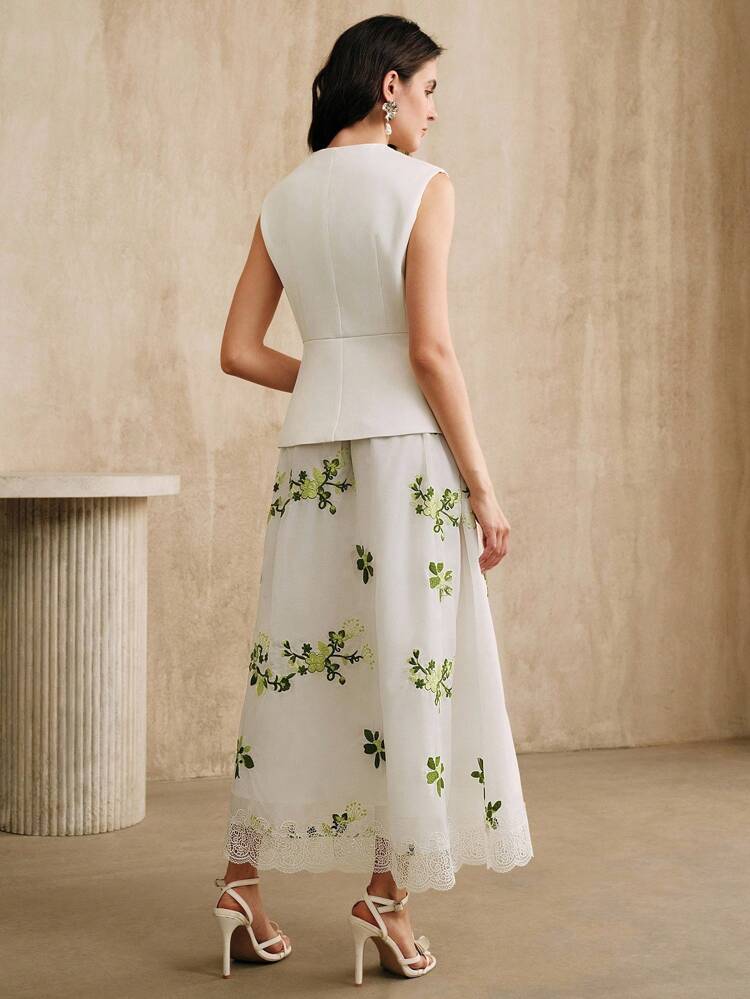 Vacation Style Embroidered Sleeveless Cardigan Top + High Waist A-Line Lace Patchwork Skirt 2 Pieces Set For Women