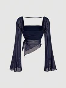 SHEIN MOD Navy Blue Long Sleeve Tight Lace-Up Women's T-Shirt, Outdoor Top - Navy Blue - View 2