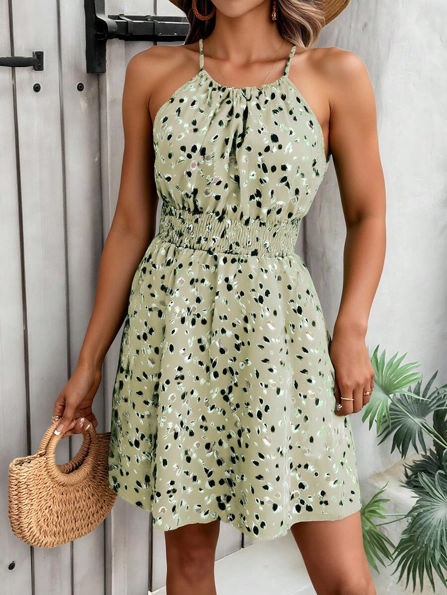 SHEIN Holidaya Summer Vacation Casual All-Over Print Halter Neck Dress - Beige - View 1