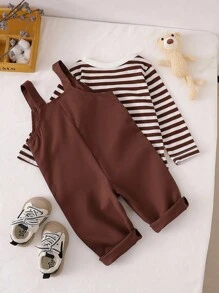 SHEIN 婴幼儿男童休闲条纹长袖上衣和可爱小熊背带裤两件套 - 咖啡棕 - 查看 2