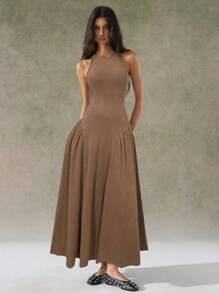 LYSMO 2025年新款女款驼色做旧水洗无袖露背连衣裙，夏季