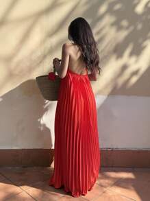 Sunnyshic 红色百褶设计高端欧美优雅浪漫沙滩度假倒V领荷叶边拼接挂脖露背连衣裙 - 紅色 - 查看 2