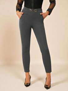 Amorya Quần bó cạp cao họa tiết khóa kim loại dành cho nữ mừng năm mới, sinh nhật, mùa thu, quần áo nữ - Màu xám đen - Xem 6