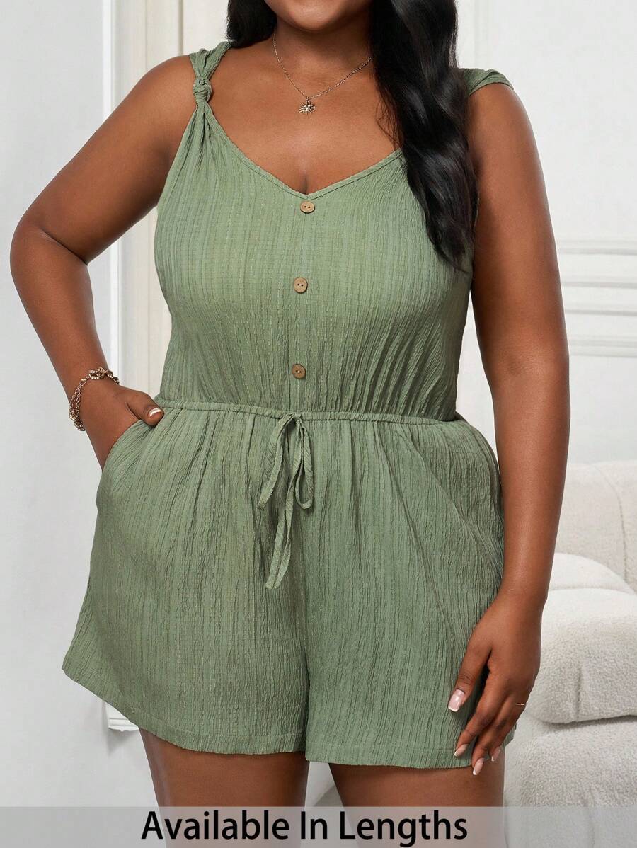 SHEIN PETITE CURVE 大码女式纯色纽扣设计休闲连体衣 - 軍綠色 - 查看 1