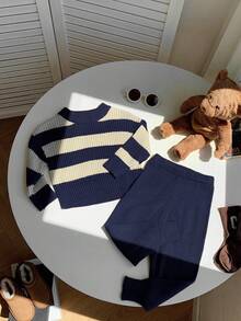 SHEIN 2pcs Baby Boy/Girl Navy And White Striped Sweater And Pants Set,Vintage British Style Raglan Outfit For Matching Family,Modest Casual Autumn Clothes - Multicolor - View 7