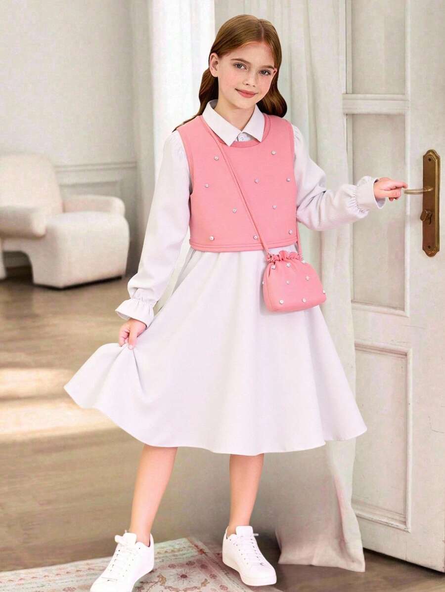 Conjunto de vestido de manga abullonada y chaleco de perla sólido con bolsa a juego para niña preadolescente - Rosa - Ver 1