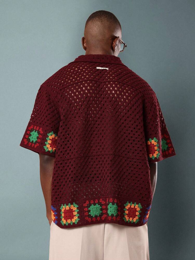 Crochet Knit Top With Granny Square Pattern And Border Detail