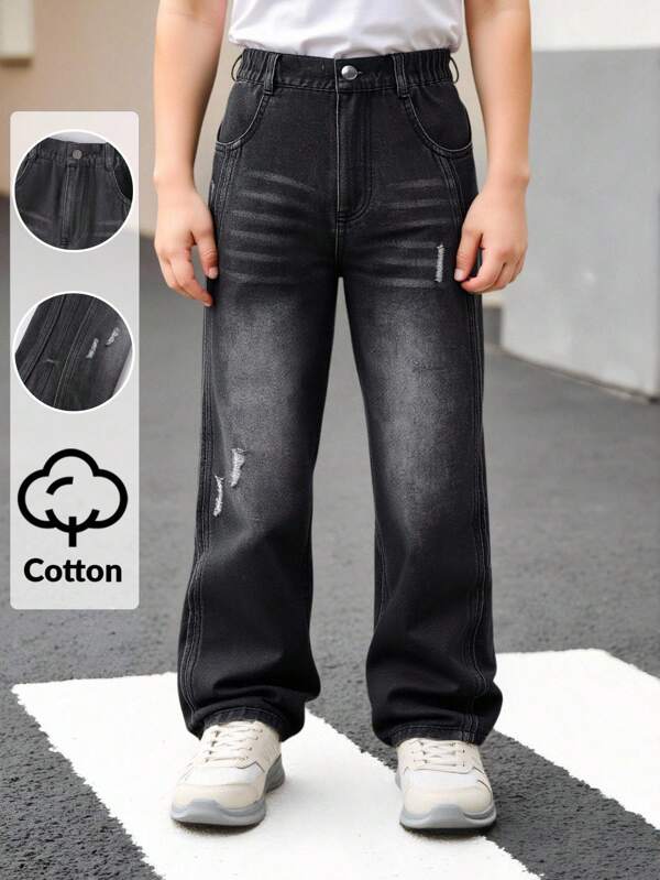 Boys & Young Boy's Casual Elastic Waist Real Pocket Washed Black Denim Jeans, Fashionable Simple Stretch Waist Comfortable Washed Black Denim Pants, Suitable For Outdoor & Daily Wear, Spring/Summer/Autumn/Winter