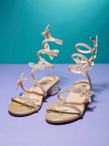 Mini mi 女童水晶镶嵌 3D 蝴蝶螺旋踝带粗跟香槟色闪光连衣裙凉鞋 - 价格实惠，适合角色扮演 - 香檳色 - 查看 3