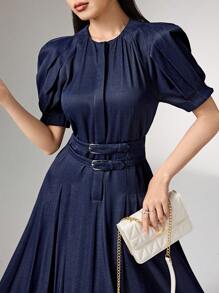 Heiryn Round Neck, Raglan Sleeve, Short Sleeve, Waist Cinched, Elegant Korean Style Office Dress - Navy Blue - View 1
