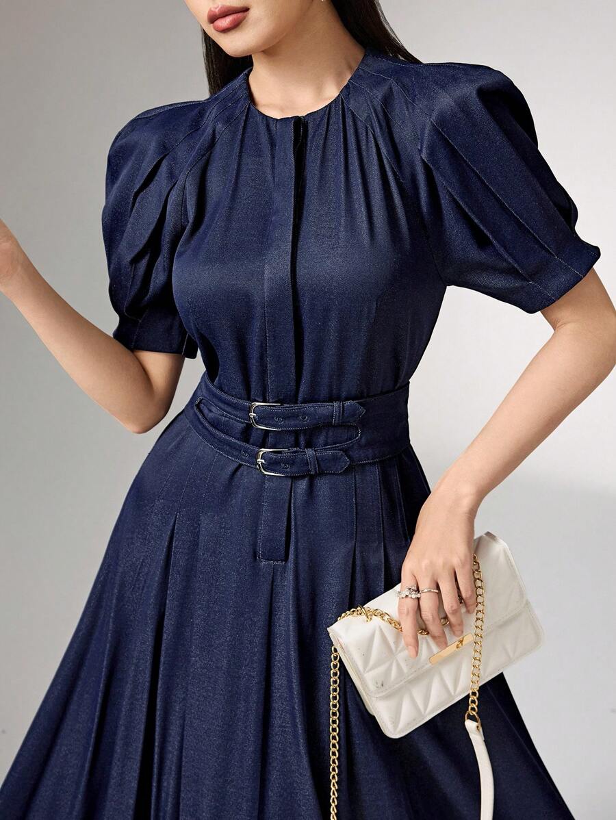 Heiryn Round Neck, Raglan Sleeve, Short Sleeve, Waist Cinched, Elegant Korean Style Office Dress - Navy Blue - View 1