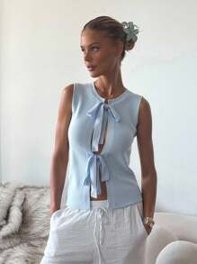 CovetEZ Blusa de punto informal de verano para mujer con nudo delantero en unicolor - Azul - Ver 6