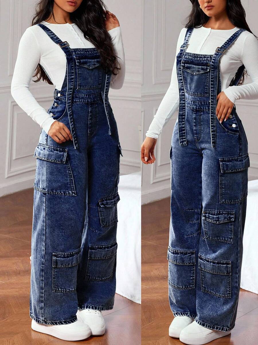 SHEIN ICON Casual Fashion Versatile Pocket Wide Strap Women Denim Overalls - Dark Wash - View 1