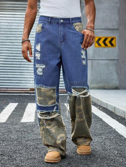 PAVTROS 迷彩拼布休闲时尚阔腿街头风格男士牛仔裤
