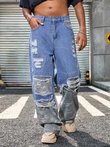 Manfinity EMRG Quần jean nam ống rộng thời trang đường phố, họa tiết chắp vá ngụy trang, phong cách Emo - Màu xanh lam - Xem 3