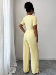 Elenzga Women's Short Sleeve Top And Pants 2 Pieces Set With Chain Decor