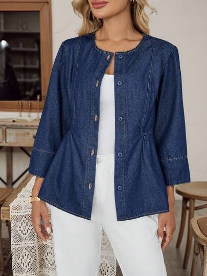 EMERY ROSE New Women's Denim Jacket 9-Point Sleeves Round Neck Ruffled Light Jacket/Dark Blue Jacket/Autumn/Women's Office/Birthday/Women's Going Out Tops/Teacher's/Country Concert/Women's Streetwear/Business Casual, Fall New Fall Fashion Women Jeans Jacket