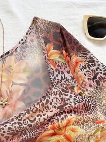 Soleia Áo crop top nữ cổ vuông tay loe họa tiết hoa báo nâu, viền bất đối xứng, thích hợp mặc trong các dịp lễ, hẹn hò, trà chiều, kỳ nghỉ trên đảo, du ngoạn trên biển, nghỉ dưỡng thành phố, lễ hội âm nhạc, kỳ nghỉ Boho, có thể mặc trong nhà hoặc ngoài trời, trang phục thường ngày - màu nâu - Xem 3