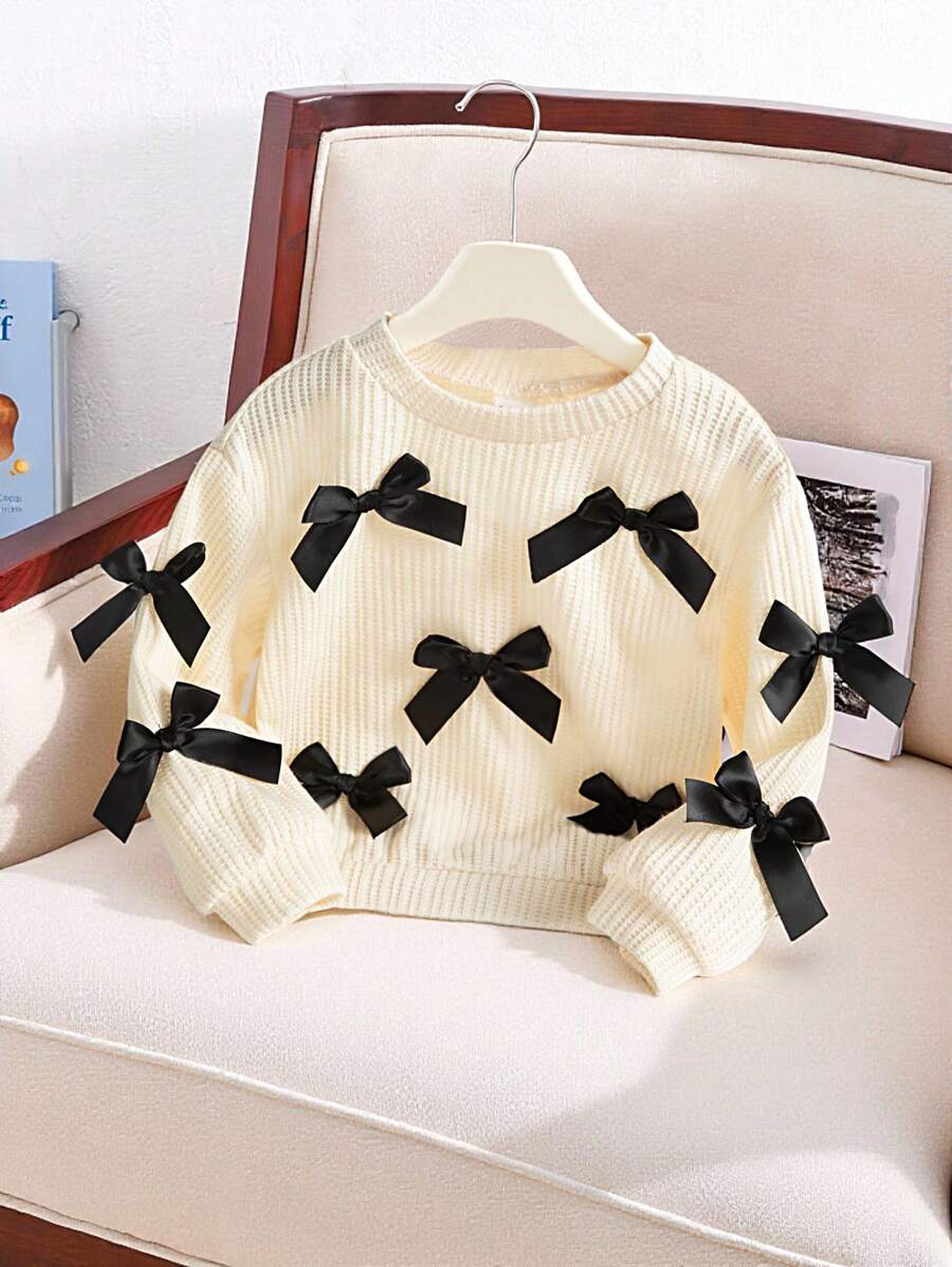 SHEIN 可爱 Babygirl 休闲百搭米色针织蝴蝶结圆领长袖套头衫，适合日常穿着和外出，春秋季