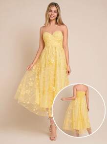 Amorya 女士优雅奶油黄色灯芯绒花卉刺绣露肩连衣裙（带胸罩杯） - 黃色 - 查看 1