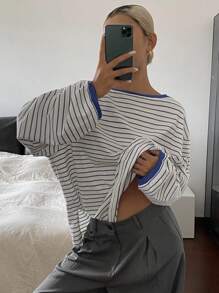 DAZY 拼色条纹露肩宽松长袖休闲街头风格上衣 T 恤，适合秋季女装 - 白色 - 查看 8